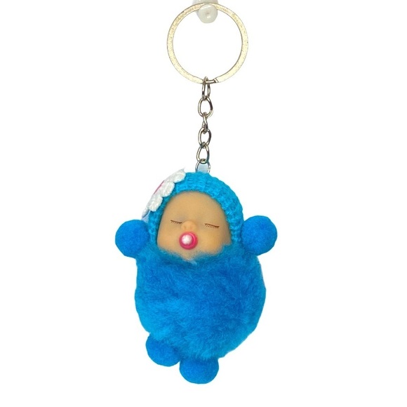 SLEEPY BABY WITH PACIFIER SMALL POMPON IN BLUE‎ KEYCHAIN CHARM - Picture 2 of 6